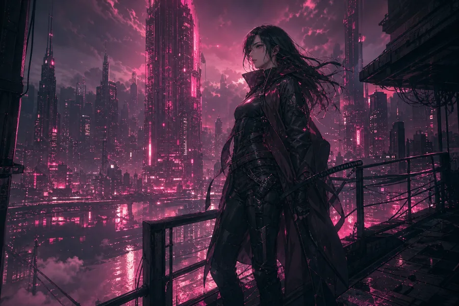 Adult Anime Cyberpunk Heroine With Neon Lights, Safe For Work, Fully Clothed Anime Wallpaper  5 4K