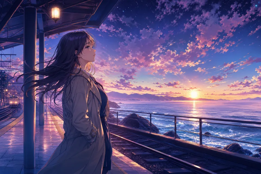 Anime Ocean Train Station Anime Wallpaper  24 4K