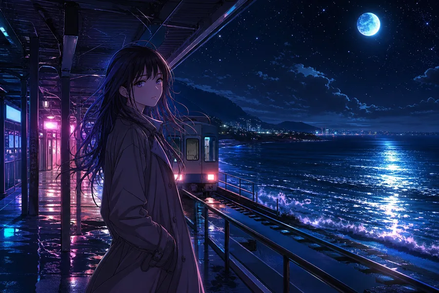 Anime Ocean Train Station Anime Wallpaper  24 4K