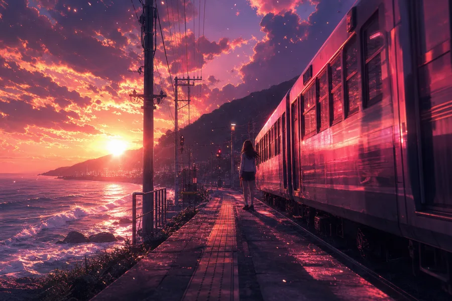Anime Ocean Train Station Anime Wallpaper 24 4K 3