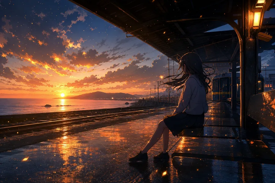 Anime Ocean Train Station Anime Wallpaper 24 4K 6