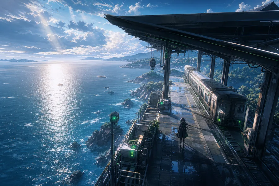 Anime Ocean Train Station Anime Wallpaper 8 4K 10
