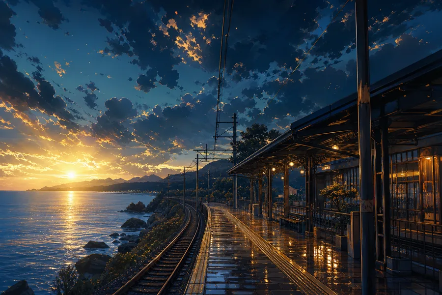 Anime Ocean Train Station Anime Wallpaper 8 4K 4