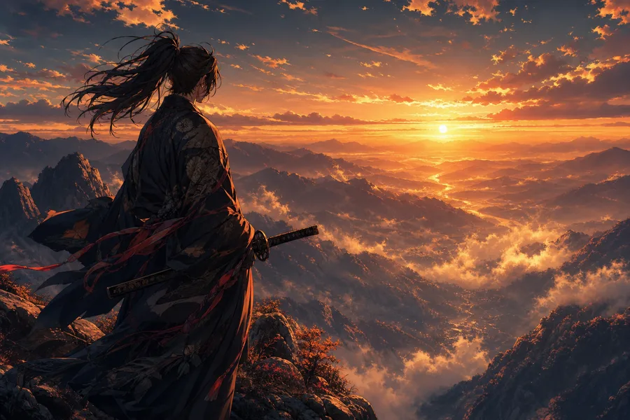 Anime Samurai On Mountain At Sunset Anime Wallpaper 10 4K 14