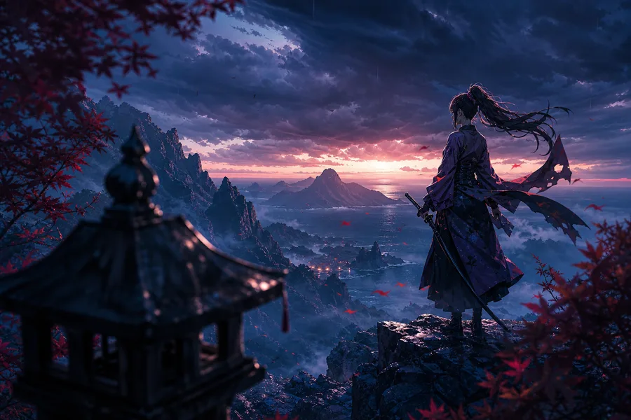 Anime Samurai On Mountain At Sunset Anime Wallpaper  2 4K