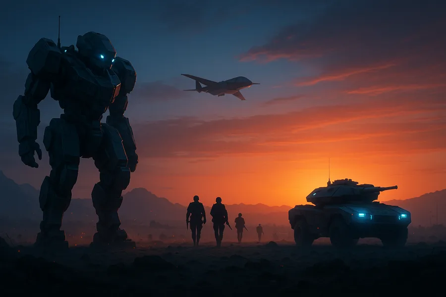 Armored Robot Patrol In Sci Fi Battlefield Military Wallpaper 14 4K