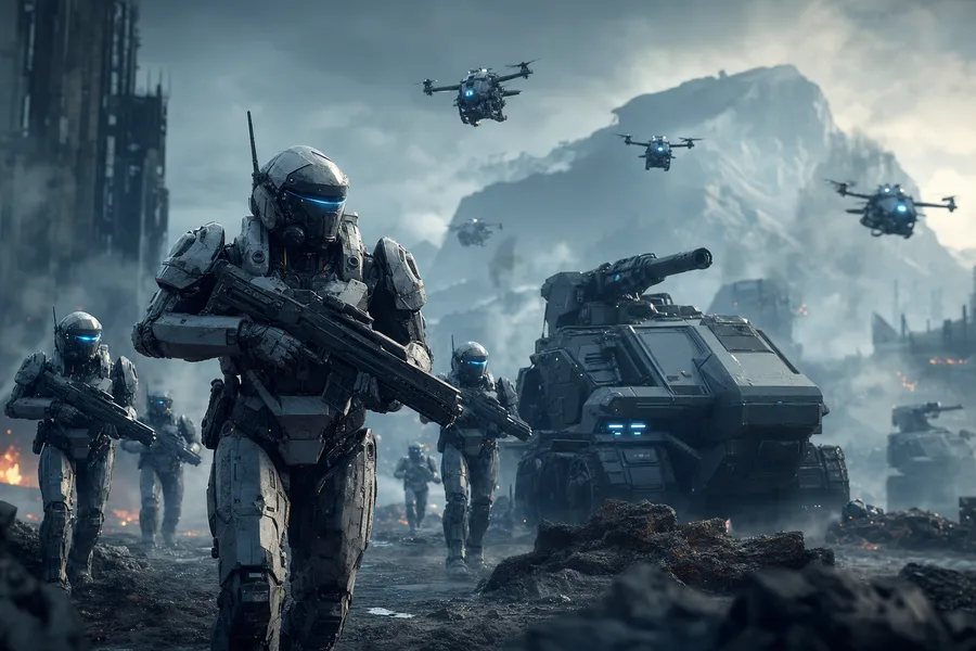 Armored Robot Patrol In Sci Fi Battlefield Military Wallpaper 6 4K 2