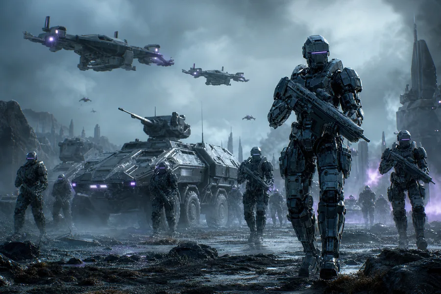 Armored Robot Patrol In Sci Fi Battlefield Military Wallpaper 6 4K 3