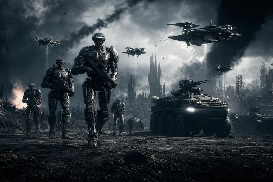 Armored Robot Patrol In Sci Fi Battlefield Military Wallpaper 6 4K 7