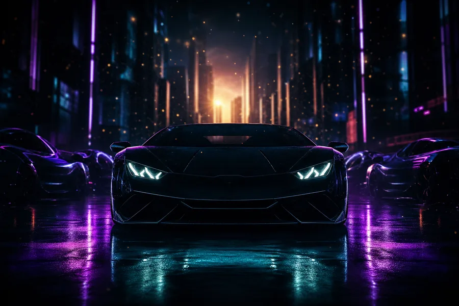 Black Lamborghini On Neon Street At Night Cars Wallpaper 1 4K 11