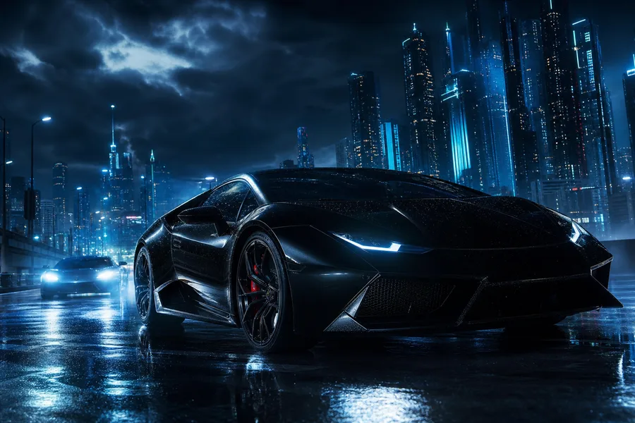 Black Lamborghini On Neon Street At Night Cars Wallpaper 1 4K 15