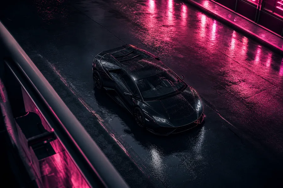 Black Lamborghini On Neon Street At Night Cars Wallpaper 1 4K 16