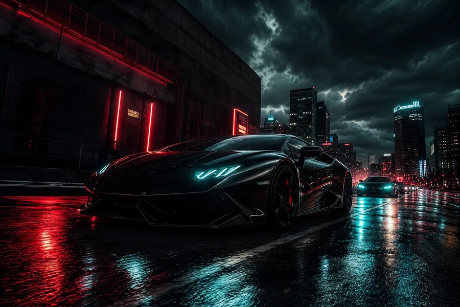 Black Lamborghini On Neon Street At Night Cars Wallpaper  1 4K