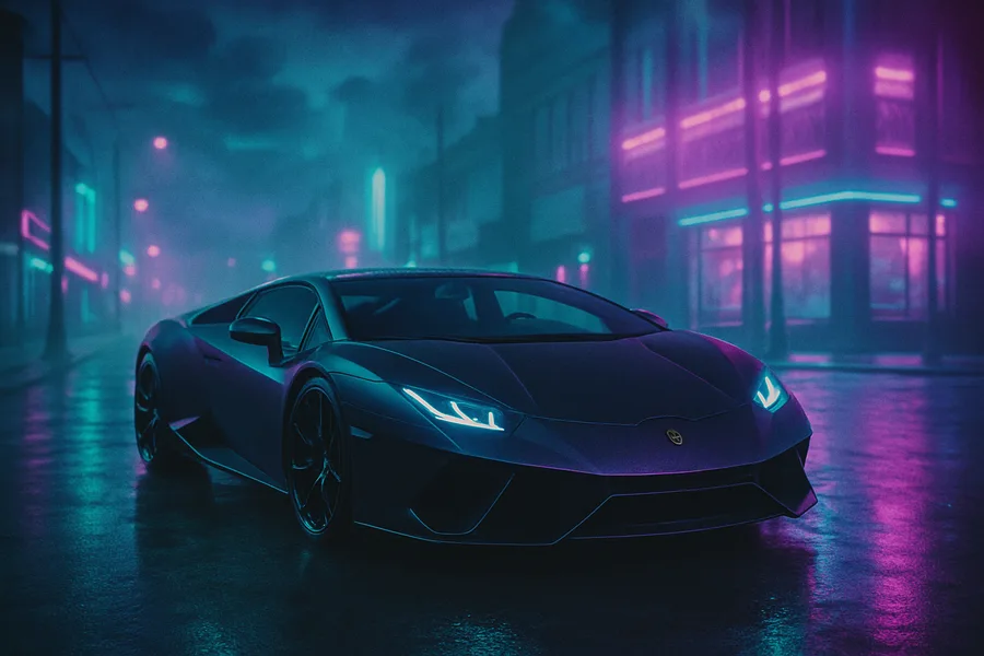 Black Lamborghini On Neon Street At Night Cars Wallpaper 1 4K 6