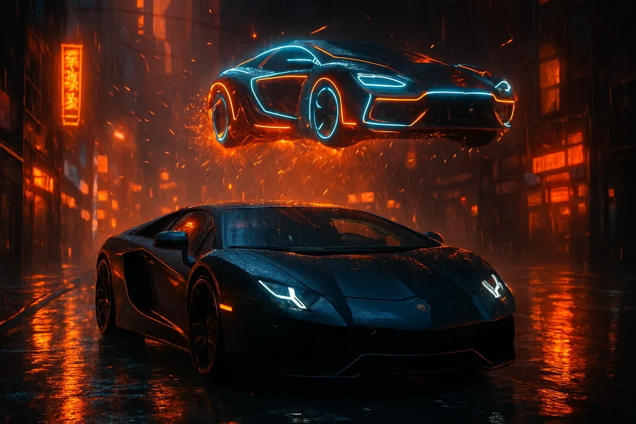 Black Lamborghini On Neon Street At Night Cars Wallpaper 1 4K 7