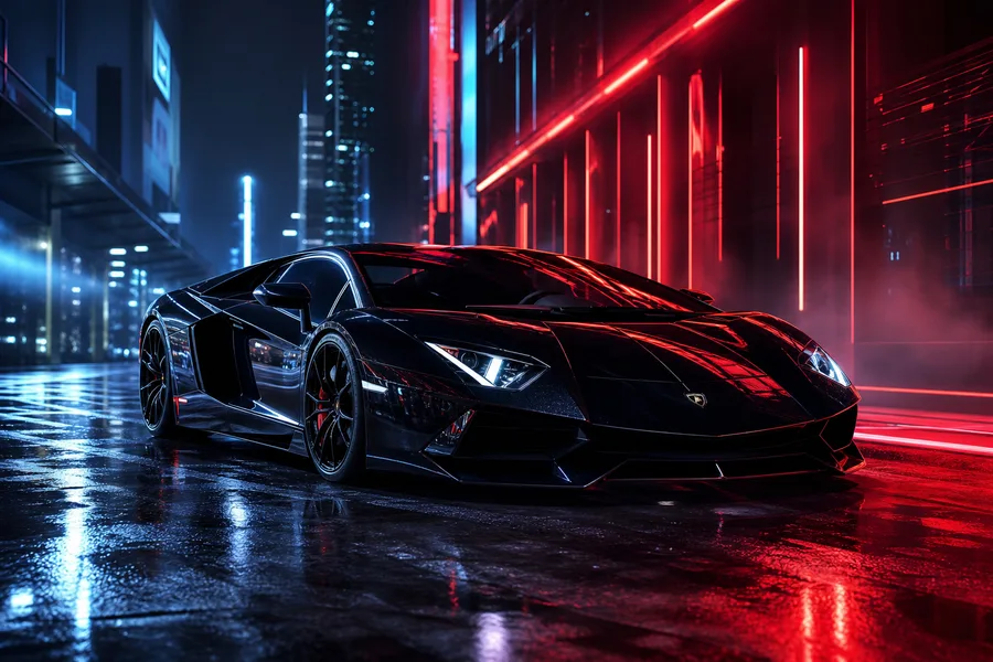 Black Lamborghini On Neon Street At Night Cars Wallpaper 1 4K 8