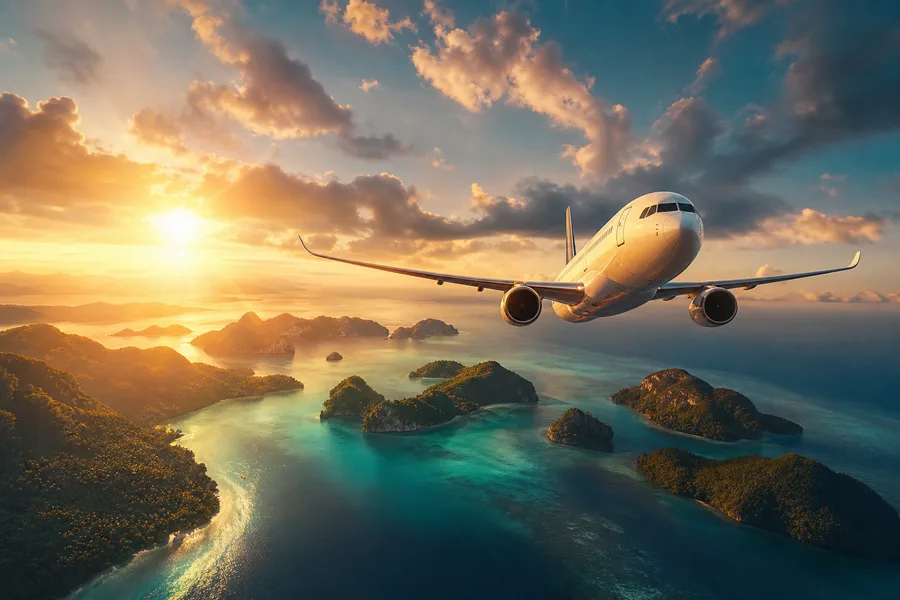 Commercial Airliner Above Tropical Islands In Clear Blue Sky Airplanes Wallpaper 2 4K 3