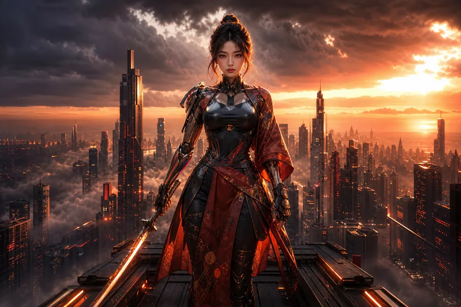 Cyber Samurai Standing On Skyscraper Ai-Girls Wallpaper 5 4K 2