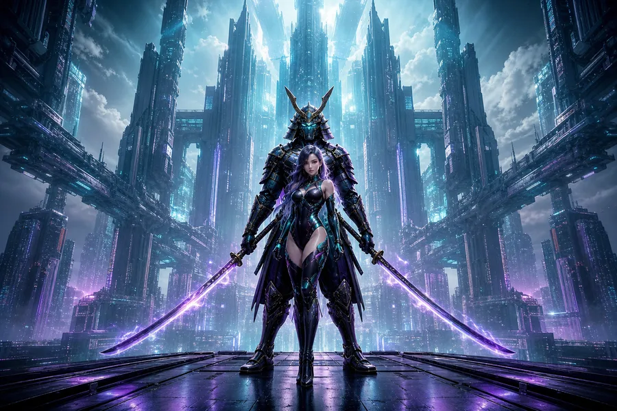 Cyber Samurai Standing On Skyscraper Ai-Girls Wallpaper 5 4K 3