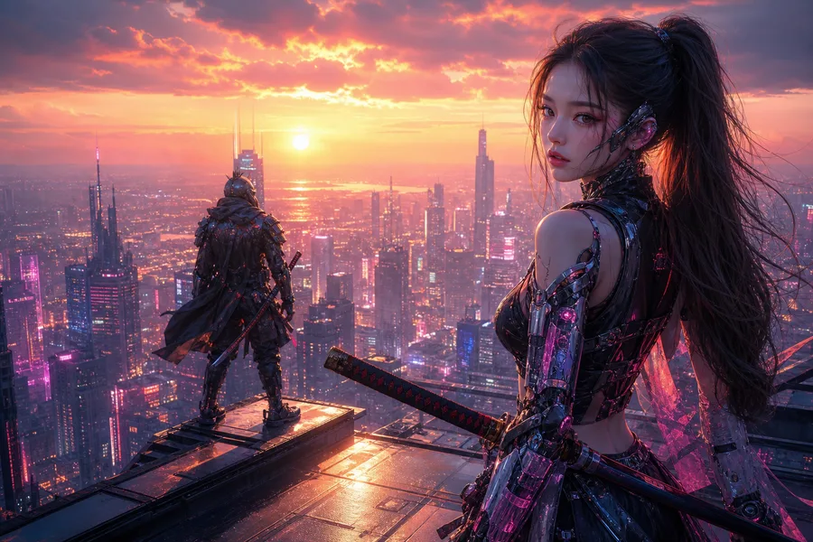 Cyber Samurai Standing On Skyscraper Ai-Girls Wallpaper 5 4K 5