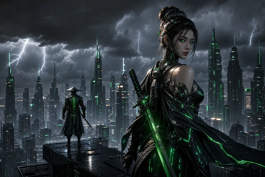 Cyber Samurai Standing On Skyscraper Ai-Girls Wallpaper 5 4K 7