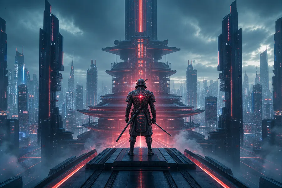 Cyber Samurai Standing On Skyscraper Architecture Wallpaper 5 4K 4