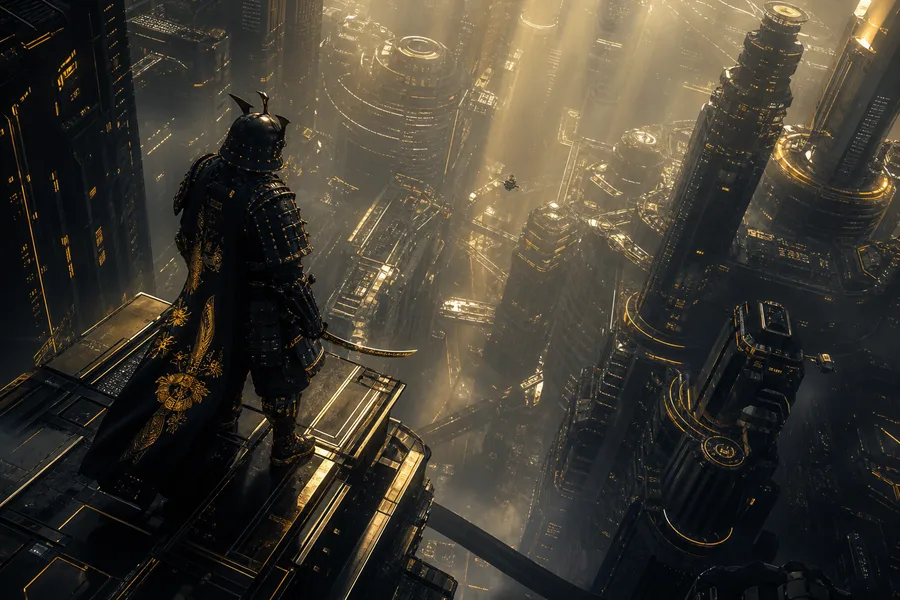 Cyber Samurai Standing On Skyscraper Architecture Wallpaper 5 4K 5