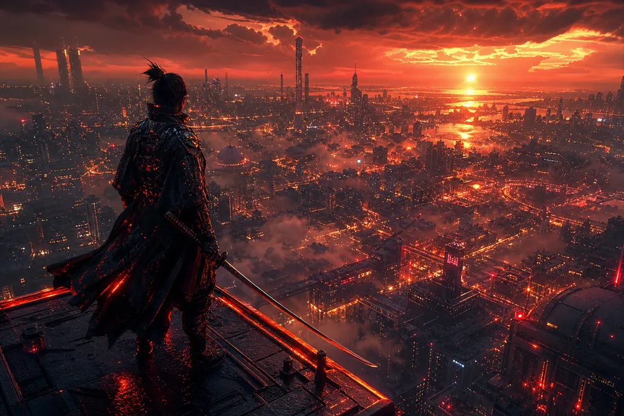 Cyber Samurai Standing On Skyscraper Cyberpunk Wallpaper 5 4K 10