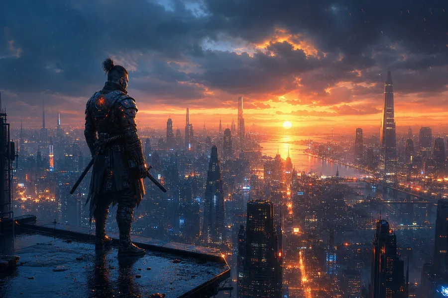 Cyber Samurai Standing On Skyscraper Cyberpunk Wallpaper 5 4K 14