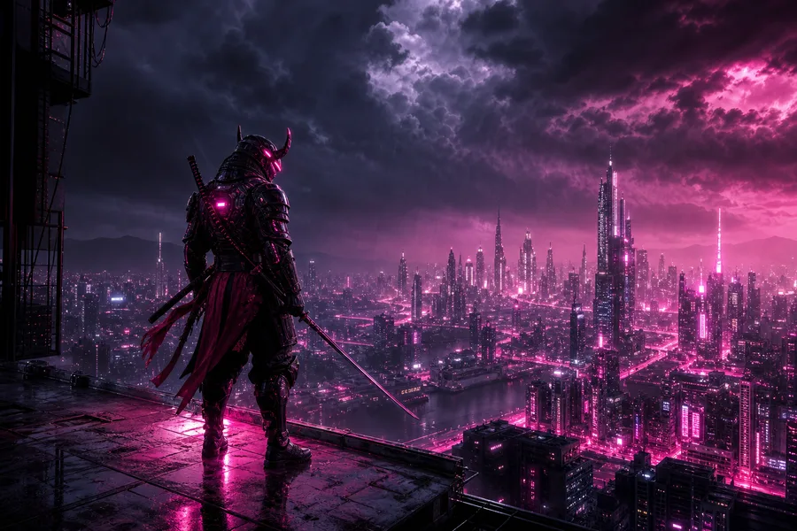 Cyber Samurai Standing On Skyscraper Cyberpunk Wallpaper 5 4K 17