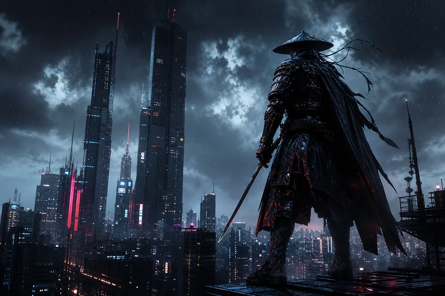 Cyber Samurai Standing On Skyscraper Cyberpunk Wallpaper  5 4K