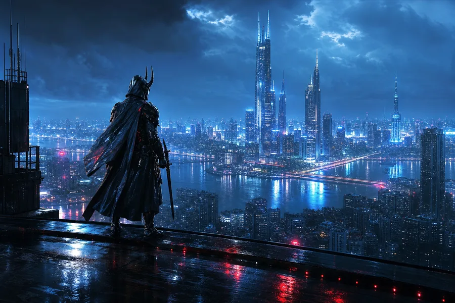 Cyber Samurai Standing On Skyscraper Cyberpunk Wallpaper 5 4K 6