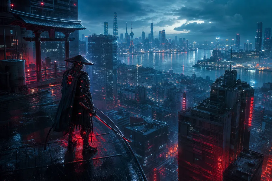 Cyber Samurai Standing On Skyscraper Cyberpunk Wallpaper 5 4K 9