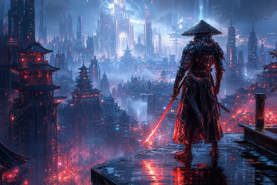 Cyber Samurai Standing On Skyscraper Fantasy Wallpaper 5 4K 4