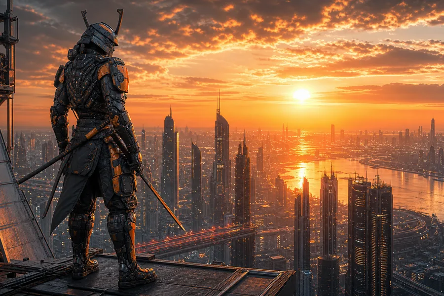 Cyber Samurai Standing On Skyscraper Hamster-Robotics Wallpaper 5 4K 6