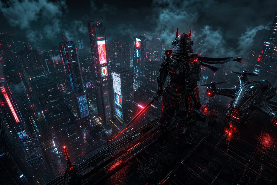 Cyber Samurai Standing On Skyscraper Hamster-Robotics Wallpaper 5 4K 8