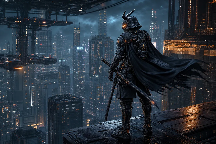 Cyber Samurai Standing On Skyscraper Hamster-Robotics Wallpaper 5 4K