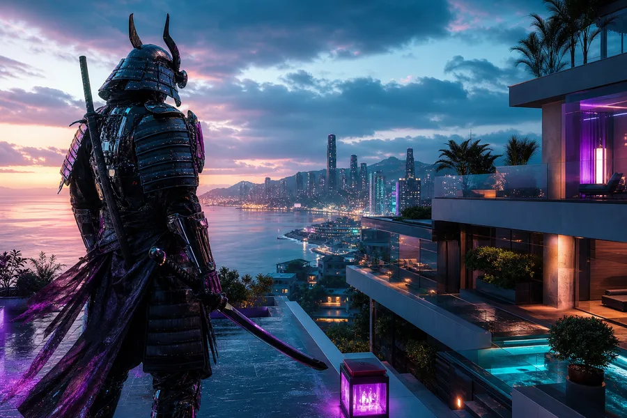 Cyber Samurai Standing On Skyscraper Luxury-Villas Wallpaper  5 4K