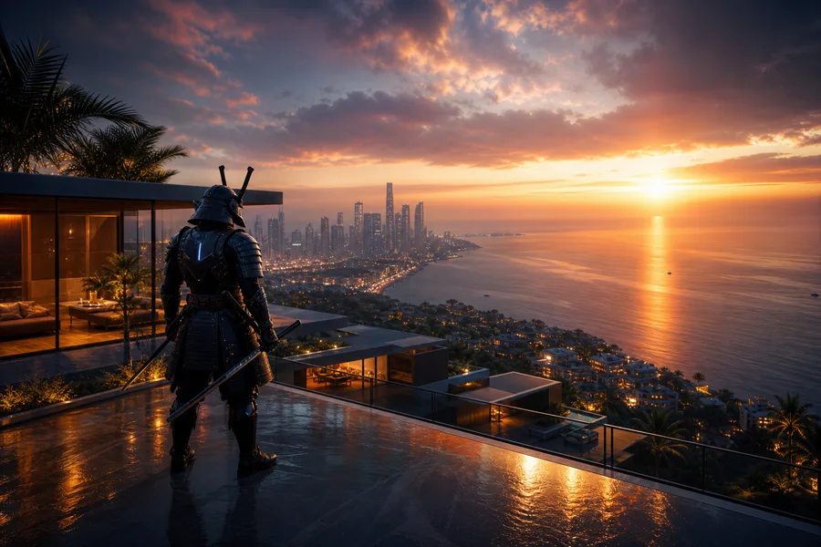 Cyber Samurai Standing On Skyscraper Luxury-Villas Wallpaper 5 4K 2
