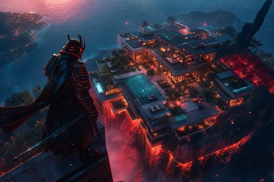 Cyber Samurai Standing On Skyscraper Luxury-Villas Wallpaper 5 4K 6