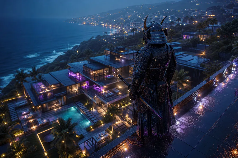 Cyber Samurai Standing On Skyscraper Luxury-Villas Wallpaper 5 4K 7