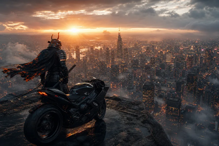 Cyber Samurai Standing On Skyscraper Motorcycles Wallpaper 5 4K 2