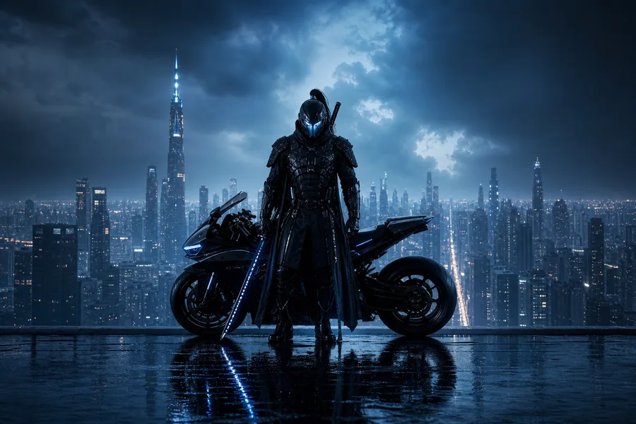 Cyber Samurai Standing On Skyscraper Motorcycles Wallpaper 5 4K 3