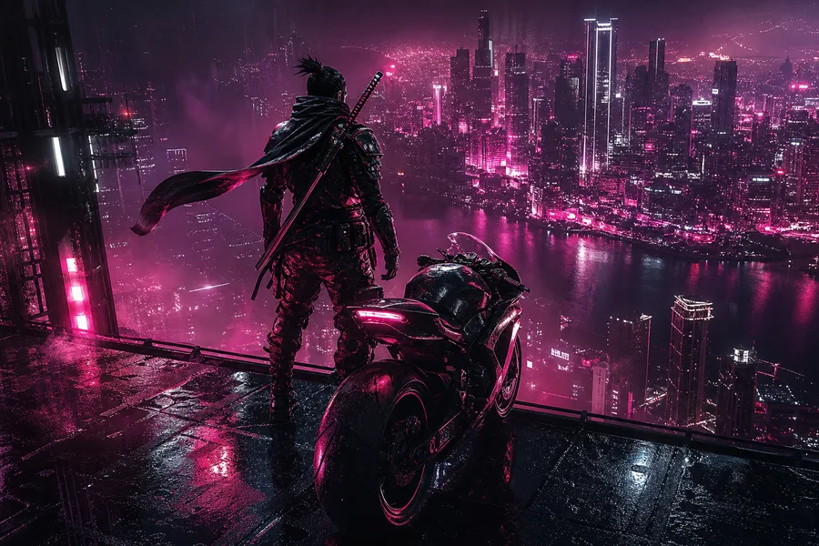 Cyber Samurai Standing On Skyscraper Motorcycles Wallpaper 5 4K 6