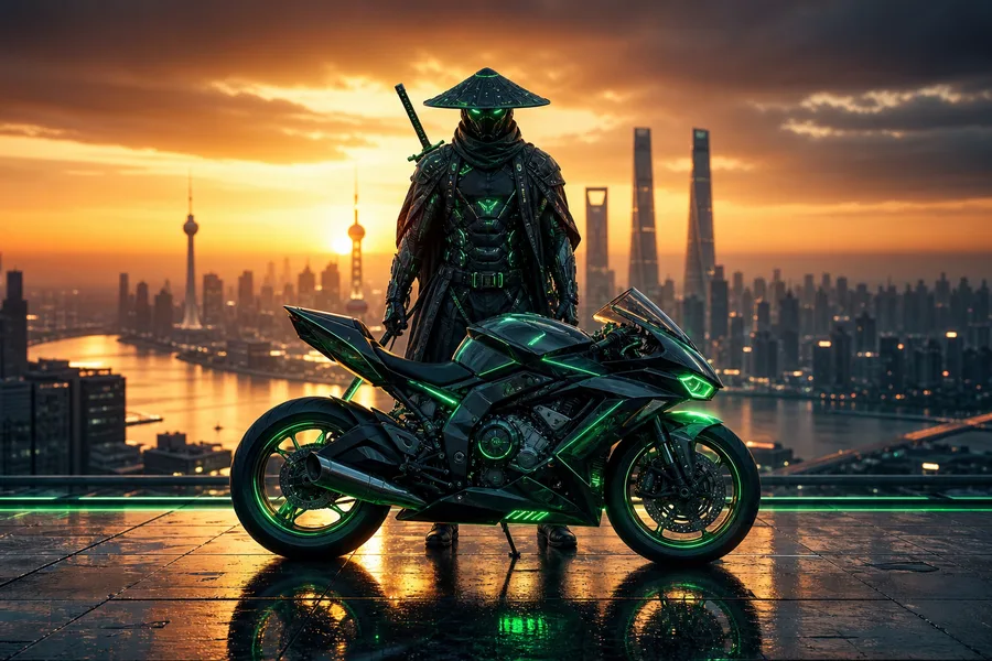 Cyber Samurai Standing On Skyscraper Motorcycles Wallpaper  5 4K