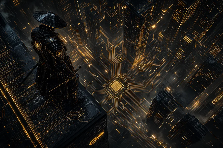 Cyber Samurai Standing On Skyscraper Pcb-Design Wallpaper 5 4K 4