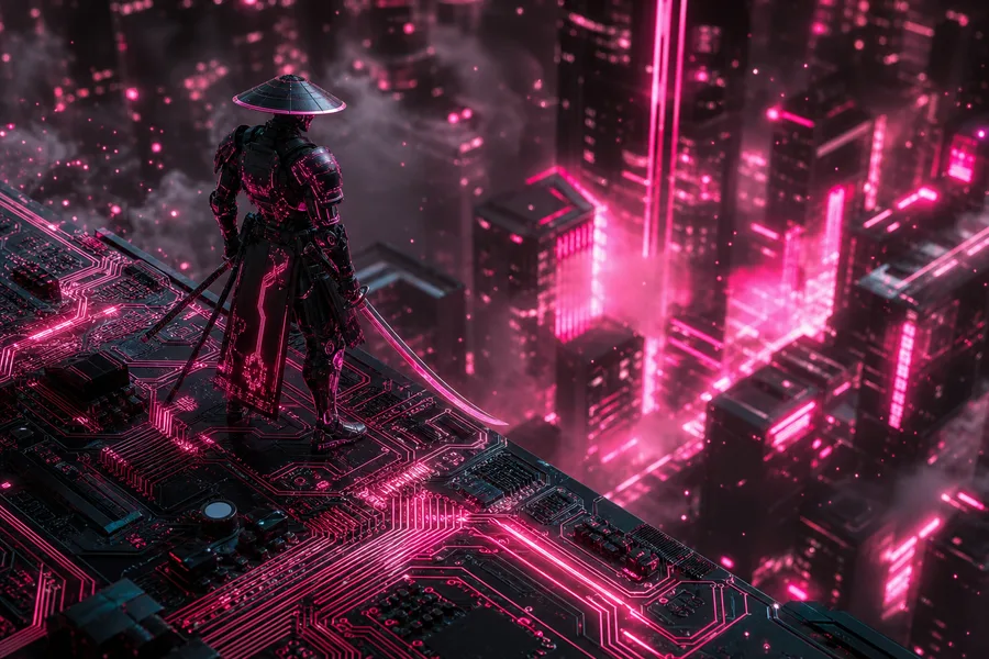 Cyber Samurai Standing On Skyscraper Pcb-Design Wallpaper 5 4K 5