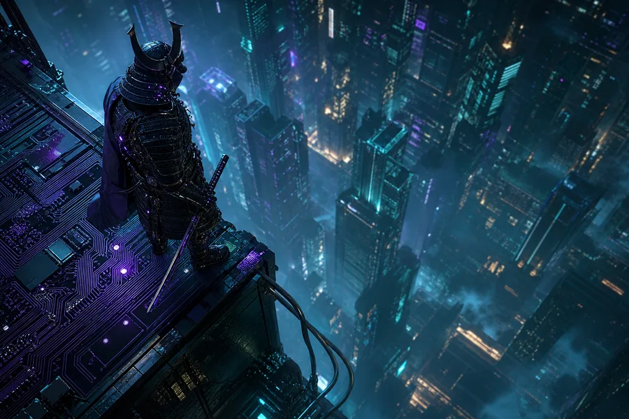 Cyber Samurai Standing On Skyscraper Pcb-Design Wallpaper  5 4K