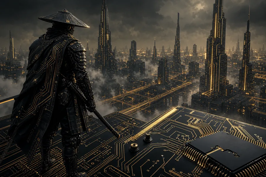 Cyber Samurai Standing On Skyscraper Pcb-Design Wallpaper 5 4K
