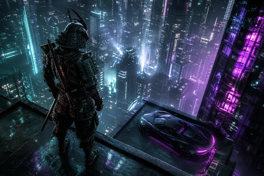 Cyber Samurai Standing On Skyscraper Supercars Wallpaper 5 4K 3